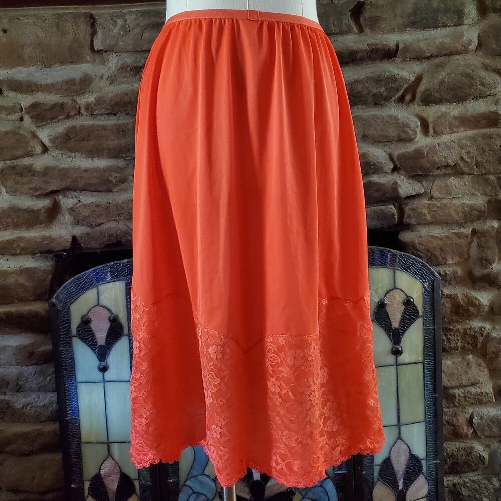 60's Vintage Vanity Fair Orange Tricot Nylon Lace Retro Half Slip Large Pinholes